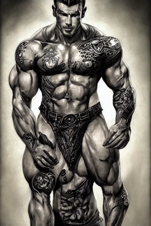 Image similar to Portrait of frontal standing pose torso of a very attractive muscular man heavily all his skin is covered by BIKER tattoos, surrounded by magic lightings overlays, Intricate, concept art, magic lighting overlays, magical portal opened, D&D!, fantasy style, sharp focus!, ultra detailed, art by Artgerm and Peter Andrew Jones, WLUP, Magali Villeneuve