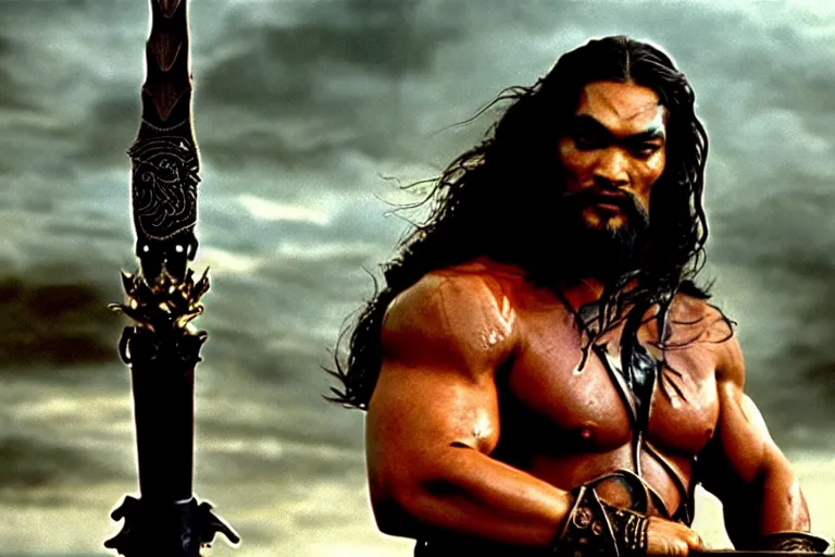 Prompt: 7 0 mm film still from conan the barbarian, jason momoa as conan with a giant sword wearing ornate dragon armor in the wet tombs of medusa skulls and snakes, cinematic, volumetric lighting, mist, wet skin and windblown hair, muscular!!!, heroic masculine pose, ridley scott