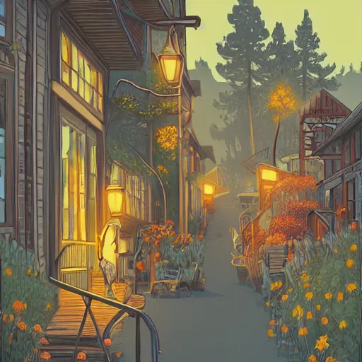 Image similar to cottagecore illustration of a small town, plants, moon, night, street lamps, cats, fence, windows, terrace, flowers, dramatic lighting, trending on Artstation, art by James Jean, Ilya Kuvshinov, Loish Van Baarle, sharp, illustration