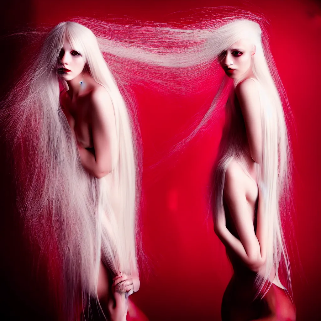 Image similar to a young woman with long blond hair dressed in long white, fine art photography light painting in style of Paolo Roversi, professional studio lighting, dark red background, hyper realistic photography, fashion magazine style