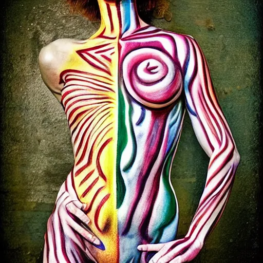 Image similar to stylized bodypaint by paul signac, photography. very detailed human form.