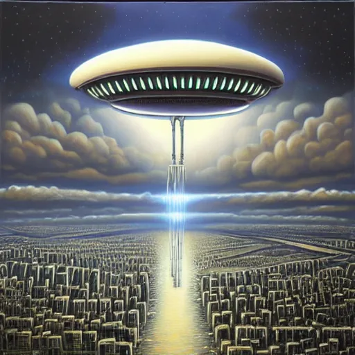 Image similar to big alien spaceship shaped like cloud hanging above city by jeffrey smith, oil on canvas