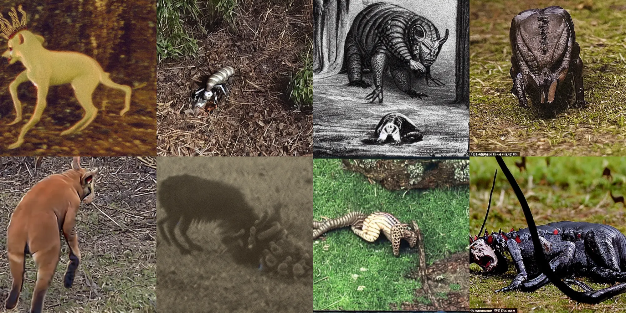 Prompt: trail-cam footage of Queen Elizabeth crawling on the ground, bestial regent, cursed image, queen stalking her prey, aged predator, poor resolution