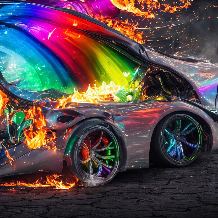 Image similar to close - up of an iridescent rainbow pagani huayra on fire after a big crash, 4 k, highly detailed, award winning, look at all that detail!