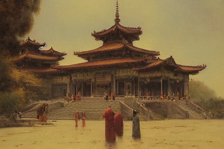 Image similar to mausoleum, buddhism, tang dynasty, painting by gaston bussiere, greg rutkowski