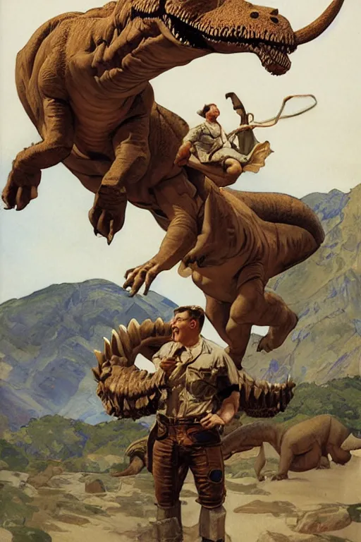 Image similar to strong man riding a dinosaur, by j. c. leyendecker, james gurney