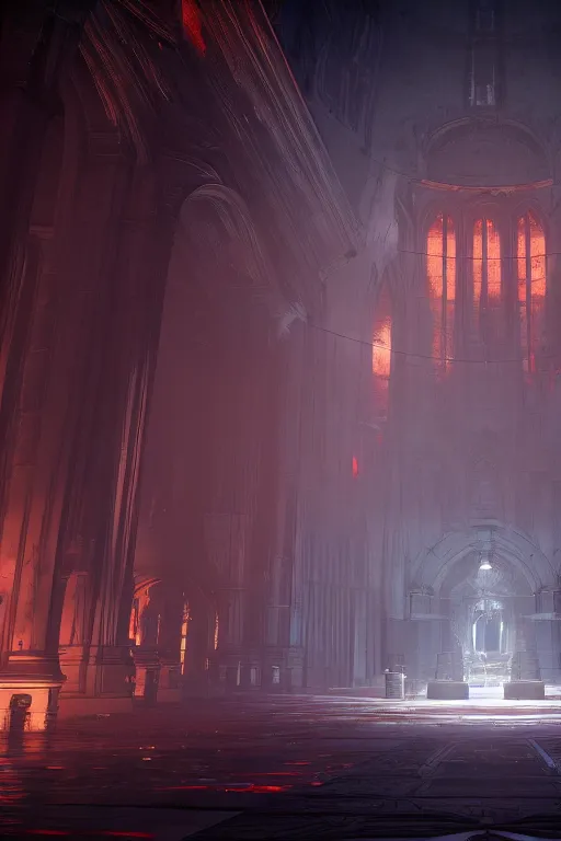 Prompt: symmetrical, centered composition, ancient church with red shafts of light in destiny 2, foggy, liminal, dark, dystopian, beautiful architecture, abandoned, highly detailed 4 k destiny 2 expansion key art wallpaper