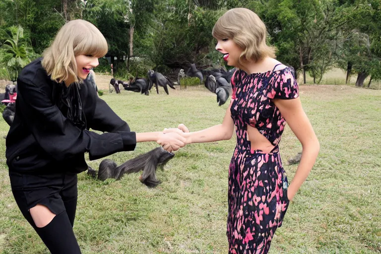 Prompt: Taylor Swift shaking hands with a chimpanzee