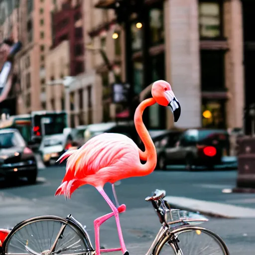 Image similar to flamingo riding a bicycle in New York City realistic photo, 50mm lens