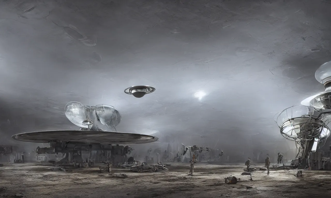 Image similar to engineer repairs special flying saucer full of modern military equipment, in the hall of area 55, high detail, ground fog, wet reflective ground, saturated colors, by Darek Zabrocki, render Unreal Engine
