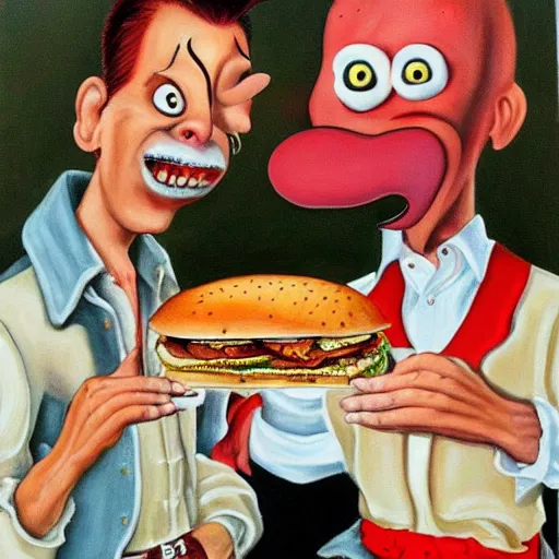 Image similar to beautiful lifelike painting of grave jones and johnny rotten eating burgers in france, hyperreal detailed facial features and uv lighting, art by ed roth and basil wolverton