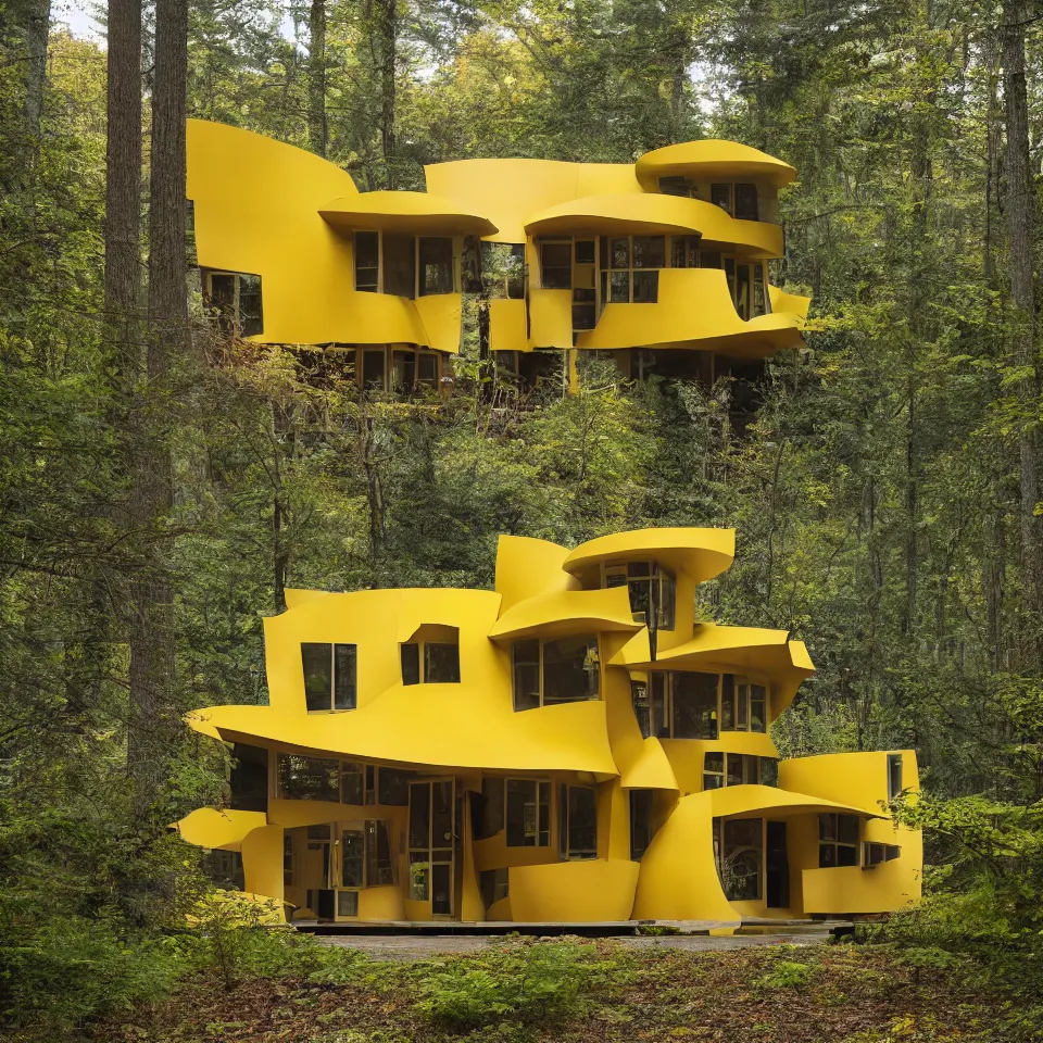 Prompt: architecture ad for a flat mid-century modern house in the forest, designed by Frank Gehry. Film grain, cinematic, yellow hue