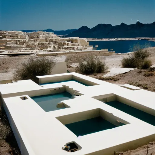 Prompt: habitat 6 7, white lego architect building in the dessert, many plants and infinite pool