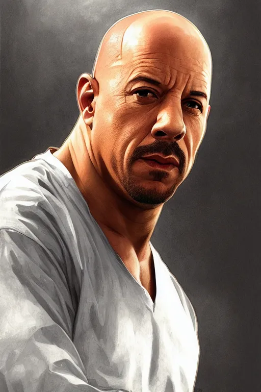 Image similar to vin diesel as walter white, realistic portrait, symmetrical, highly detailed, digital painting, artstation, concept art, smooth, sharp focus, illustration, cinematic lighting, art by artgerm and greg rutkowski and alphonse mucha