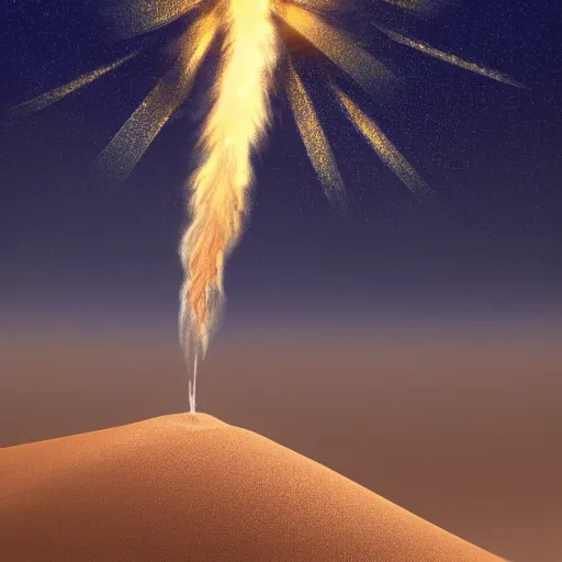 Image similar to a highly detailed digital image of a rocket collapsing into a sand dune incredibly lifelike sand splashing by Andrew Chiampo, artstation, and Frederik Heyman, extremely detailed sand, stunning volumetric lighting, hyper realism, fantasy 4k, 8k,