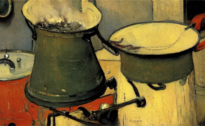 Prompt: a closeup of a pot of boiling water on a stove, stanhope forbes, david bomberg, impressionist painting