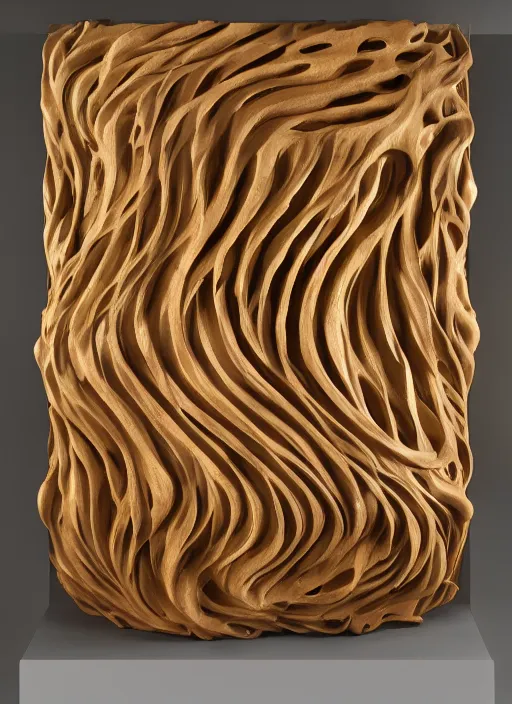 Image similar to sculpture of the endless transcendence of recursion, solid fluid fractals of celestial ivory, museum piece, museum display, back - lit, wooden cabinet