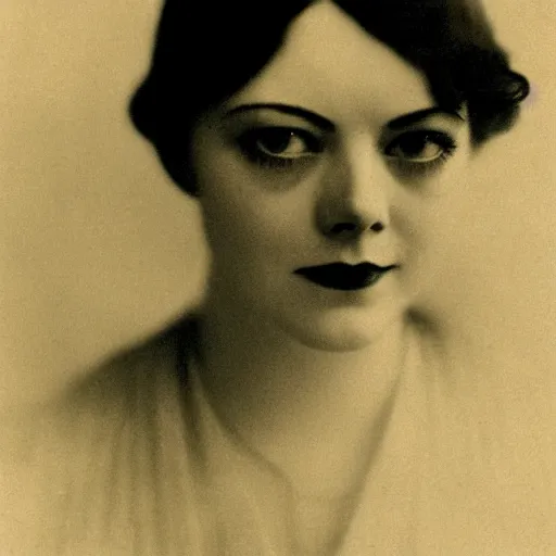 Image similar to headshot photograph of emma stone, edwardian, 1 9 2 0 s film actress, realistic face, ethereal, 1 9 1 0 s, grainy, victorian, soft blur