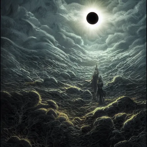 Image similar to the meaning of life, solar eclipse, chaos, night, rot, blood, epic art, dark souls, highly detailed and intricate, trending on artstation