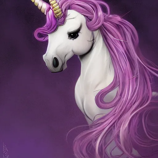 Image similar to portrait of a menacing beautiful Rarity, unicorn mare, short muzzle, top half of body, My Little Pony, by Stanley Artgerm Lau , greg rutkowski, thomas kindkade, alphonse mucha, loish, norman rockwell, J. C. Leyendecker. bright purple mane, purple fur, angry complexion, beautiful detailed eyes, black rose frame. D&D, fantasy. Trending on artstation rule of thirds extremely detailed old illustration hd 4k