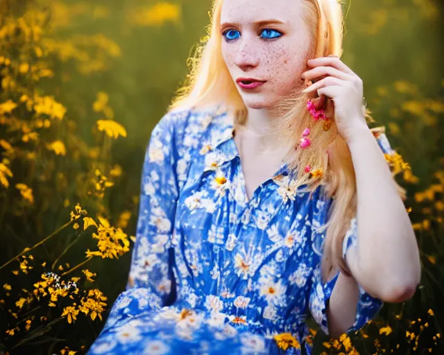 Image similar to pale young woman with bright blonde hair, freckles, blue eyes and a wide face, flowery dress, she is holding a professional dslr camera close to her face, dramatic lighting, bright flare, surreal art by anna nikonova