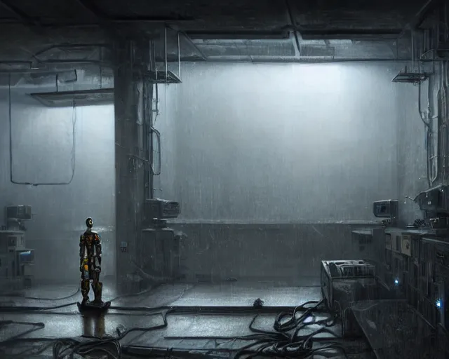 Image similar to gloomy ruined server room in datacenter robot figure automata rusty steel robot knight colossus welder posing pacing fixing soldering mono sharp focus, emitting diodes, smoke, artillery, sparks, racks, system unit, motherboard, by pascal blanche rutkowski repin artstation hyperrealism painting concept art of detailed character design matte painting, 4 k resolution blade runner