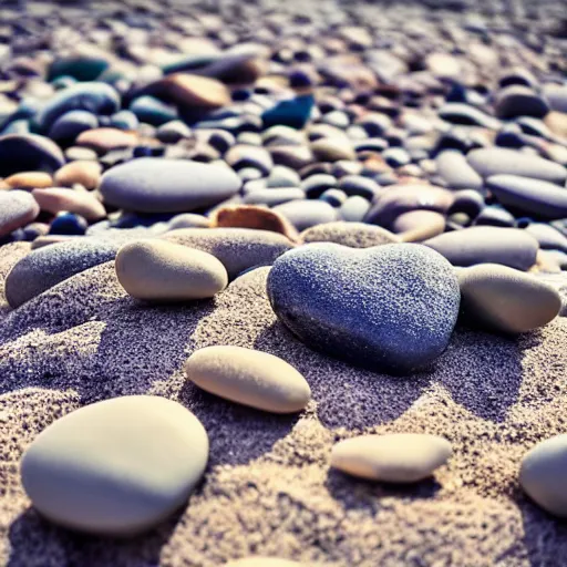 Image similar to sea shore of a pebble beach, pebbles are shaped like hearts, mate colors, sunny day, award winning photography, 4K