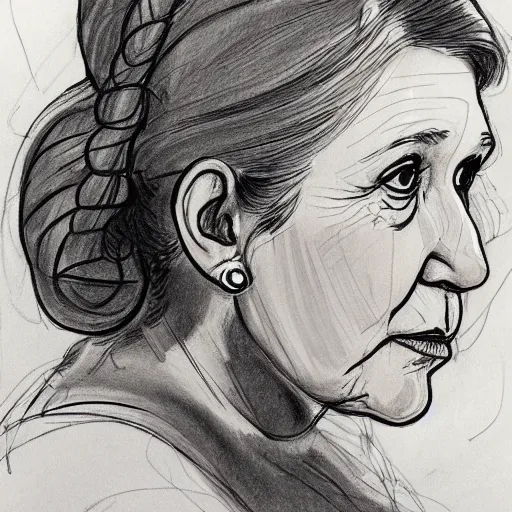 Image similar to a realistic yet scraggly portrait sketch of the side profile of a stern and sophisticated carrie fisher, trending on artstation, intricate details, in the style of frank auerbach, in the style of sergio aragones, in the style of martin ansin, in the style of david aja, in the style of mattias adolfsson