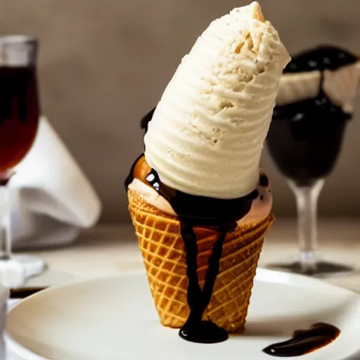 Prompt: photograph of a formal presentation of an ice cream cone on a plate with a balsamic reduction glaze and strange cutlery in a fancy avant-garde restaurant