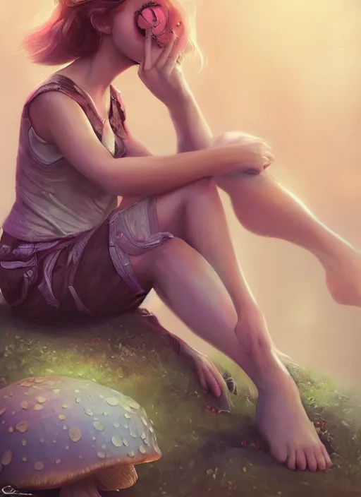 Prompt: a girl sitting on a mushroom, realistic detailed face, psychedelic, by charlie bowater, expressive digital drawing, octane render