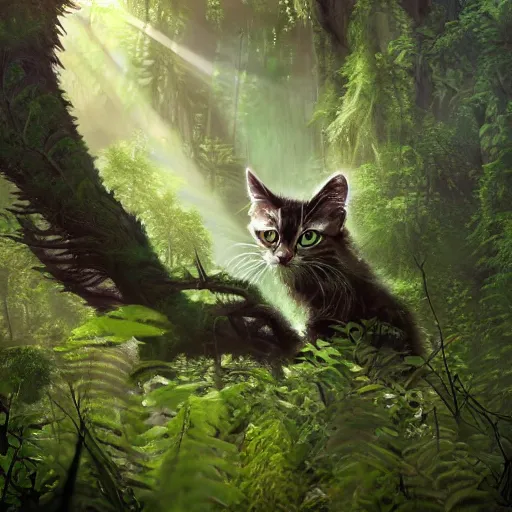 Image similar to a green eldritch kitten in an overgrown forest viewed from the sky by Marek Okon, god rays, fantasy art, 4k, HDR, photorealistic, 8k, trending on artstation