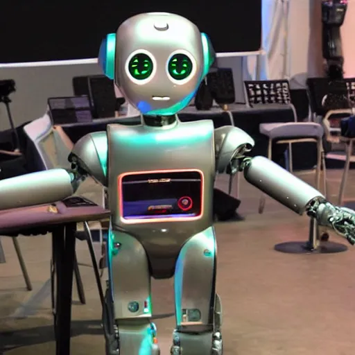 Prompt: LOS ANGELES, CA 2025: Open Source Self-Aware Robot Convention, This Is One Of The Cutest Robots On The Stage
