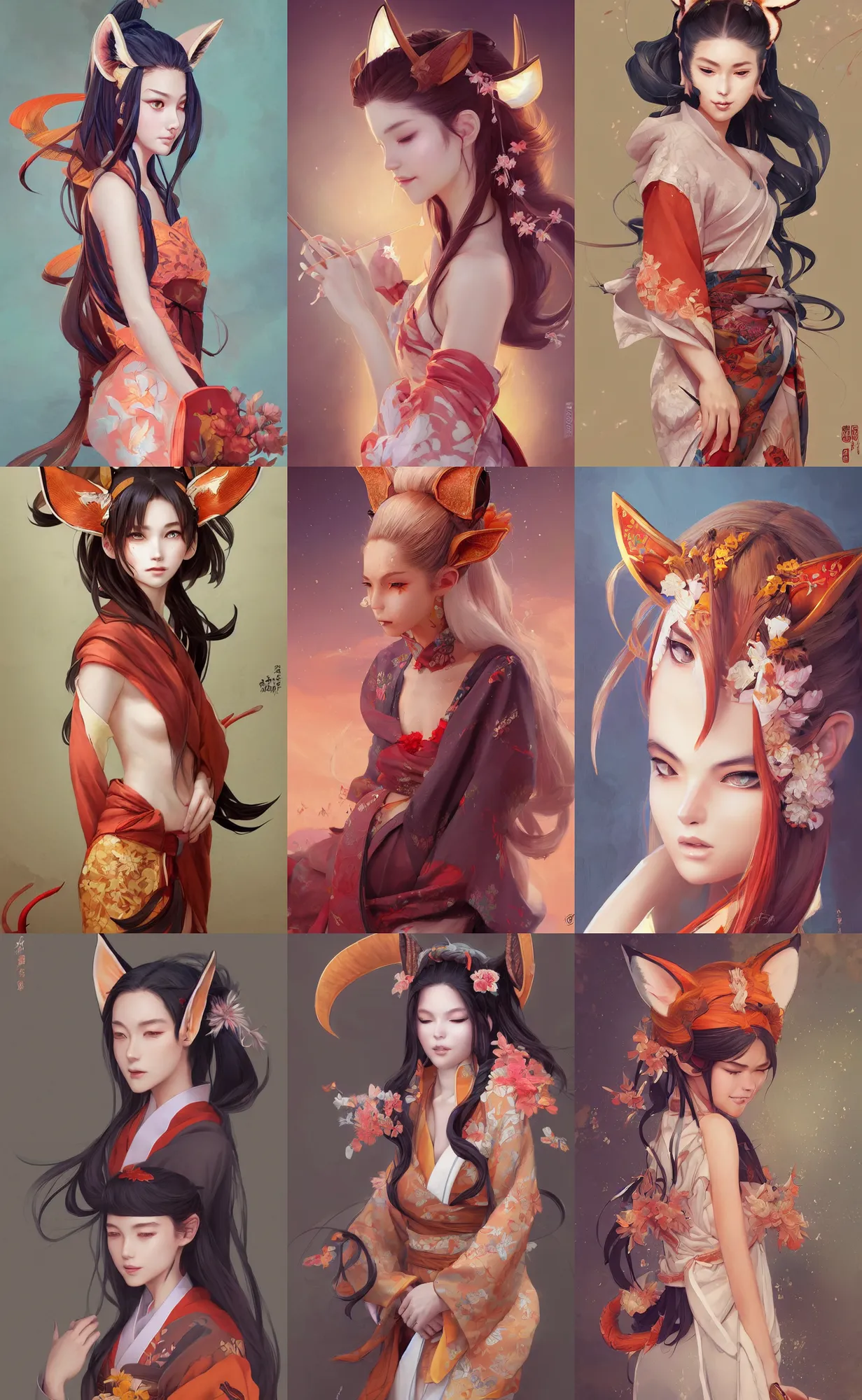 Prompt: A beautiful digital painting of a beautiful young woman with fox ears and nine tails wearing a kimono, by Stanley Artgerm Lau, WLOP, Rossdraws, James Jean, Andrei Riabovitchev, Marc Simonetti, and Sakimichan, tranding on artstation, SFW version