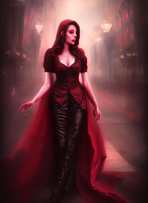 Image similar to realistic matte painting, full length portrait, the duchess of blood owns the las vegas strip, vampire, highly detailed, CGsociety, concept art, HDR, hyper realistic, volumetric lighting, subsurface scattering, unreal