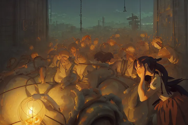 Prompt: baroque oil painting of key visual concept art of anime maids chaining captured pows to trucks, brutalist, dark fantasy, rule of thirds golden ratio, fake detail, trending pixiv fanbox, acrylic palette knife, style of makoto shinkai studio ghibli genshin impact james gilleard greg rutkowski chiho aoshima