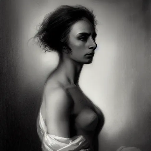 Prompt: Portrait of a powerful woman by Ferdinand Keller and Arnold Böcklin and Jean-Auguste-Dominique Ingres and Michael Whelan and Albert Bierstadt, black and white, moody atmosphere, cinematic atmospheric, artstation, high definition