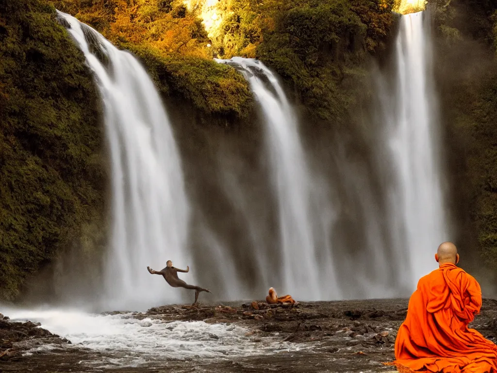 Prompt: dang ngo, annie leibovitz, steve mccurry, a simply breathtaking shot of mediating monk in orange, giantic waterfall, bright moonlight, golden ratio, wide shot, symmetrical