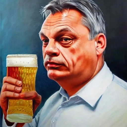 Image similar to viktor orban with a beer, anatomically correct, oil painting, highly detailed