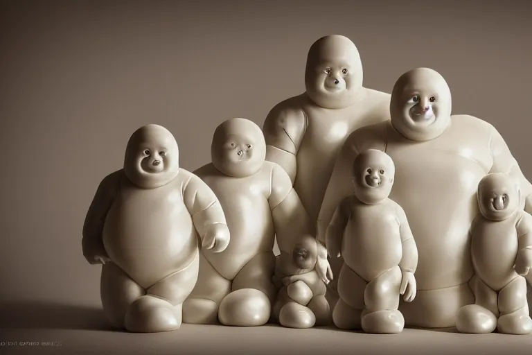 Prompt: alabaster light scatter translucent sculpture of the Bibendum family portrait, backlight, Michelin Man family portrait, luminescence, sculpture, photograph, studio lighting, product photography, while marble, figurine, unreal engine, cryengine,