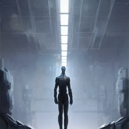 Image similar to concept art by greg rutkowski, a very tall and slender cyborg, standing in front of a large rectangular looking space, high tech and futuristic white walled environment, unnatural lighting, uncanny atmosphere, frightening and creepy atmosphere, scifi, highly detailed portrait, digital painting, artstation, concept art, smooth, sharp foccus ilustration, artstation hq