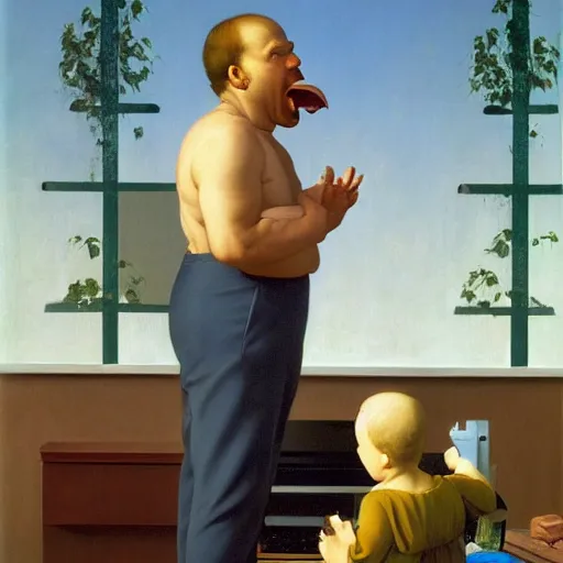 Image similar to a very funny looking father yelling at his children by Raphael, Hopper, and Rene Magritte. detailed, romantic, enchanting, trending on artstation.