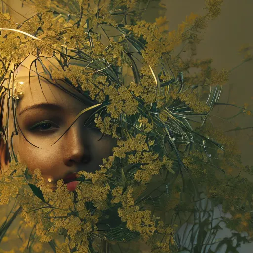 Image similar to beautiful overgrown foliage taking over an ( beautiful abandoned human - shaped robot body laying on the ground ), close - up, 3 5 mm, biopunk, bokeh, beautiful, lens flare, emotional, sweet, flowers, detailed, picture, trending on artstation, award - winning, shiny, golden, angle view, octane render