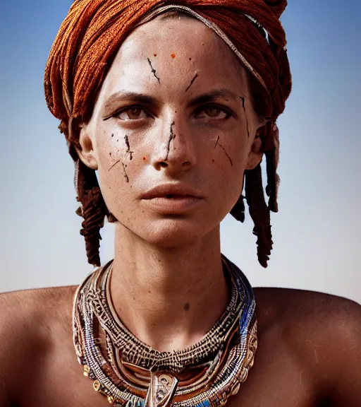 Prompt: portrait of a stunningly beautiful israeli tribal female, depth of field, zeiss lens, detailed, symmetrical, centered, fashion photoshoot, by Annie Leibovitz and Steve McCurry, David Lazar, Jimmy Nelsson, Breathtaking, 8k resolution, extremely detailed, beautiful, establishing shot, artistic, hyperrealistic, beautiful face, octane render