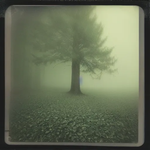 Prompt: impossibly large tree in a forest clearing reaching into the fog, night, old polaroid, expired film, megalophobia,