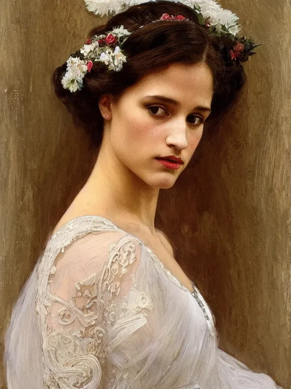 Image similar to an art nouveau style head and shoulders portrait oil painting of a pretty young alicia jessica vikander alba wearing a white victorian bridal gown, intricate, detailed, smooth, complex, elaborate, by alphonse mucha and james gurney and john william waterhouse and bouguereau