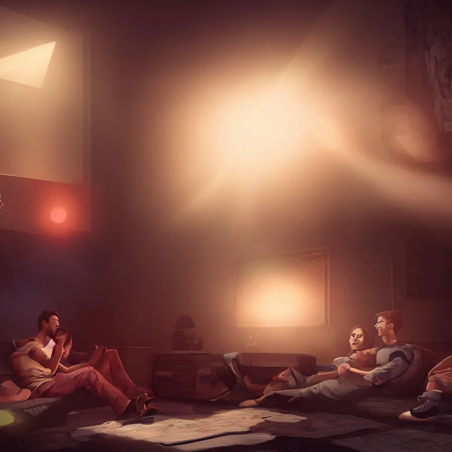 Prompt: an illustration of a couple watching a movie, moody lighting, lens flare, atmosphere, glow, detailed, intricate, full of colour, cinematic lighting, trending on artstation, 4 k, hyperrealistic, focused, extreme details, unreal engine 5, cinematic, masterpiece