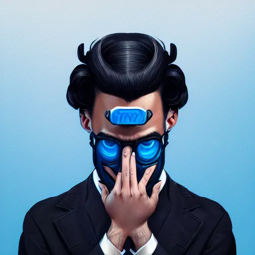 Image similar to an insanely detailed portrait of a man covering his face with his hands, stylish black hair, depressing corporate office background, blue shade in the style of peter mohrbacher, artgerm, dramatic lighting and composition, octane render, trending on artstation, concept art