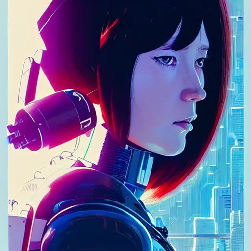 Image similar to side portrait scifi cyborg girl with robotic parts and spacesuit | | head only in center of image, audrey plaza, fine detail!! anime!! realistic shaded lighting!! poster by ilya kuvshinov katsuhiro otomo ghost - in - the - shell, magali villeneuve, artgerm, jeremy lipkin and michael garmash and rob rey