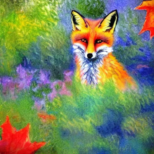 Image similar to fox in the garden, vivid watercolor, in the style of claude monet, beautiful face, fall leaves multiple colours, award winning, hd, 4 k, purple, blue