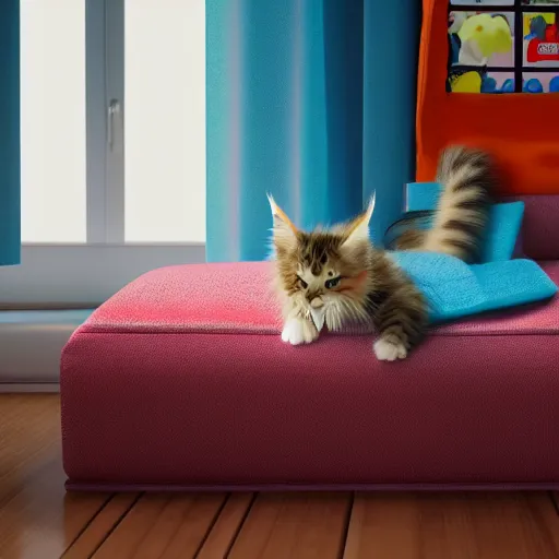 Image similar to eye - level view, in a child's bedroom filled with toys there is a bed under a window with a colorful bedspread. a super cute maine coon kitten runs and jumps and plays with cat toys on the bed. hilarious, funny, back to school comedy, cg animation, 3 d octane render, imax 7 0 mm,